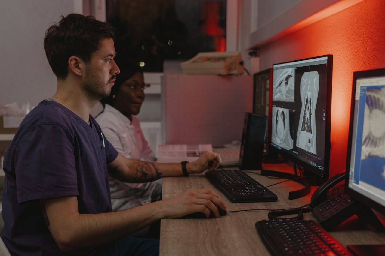 veterinarian looking at dog cbct scan on a computer